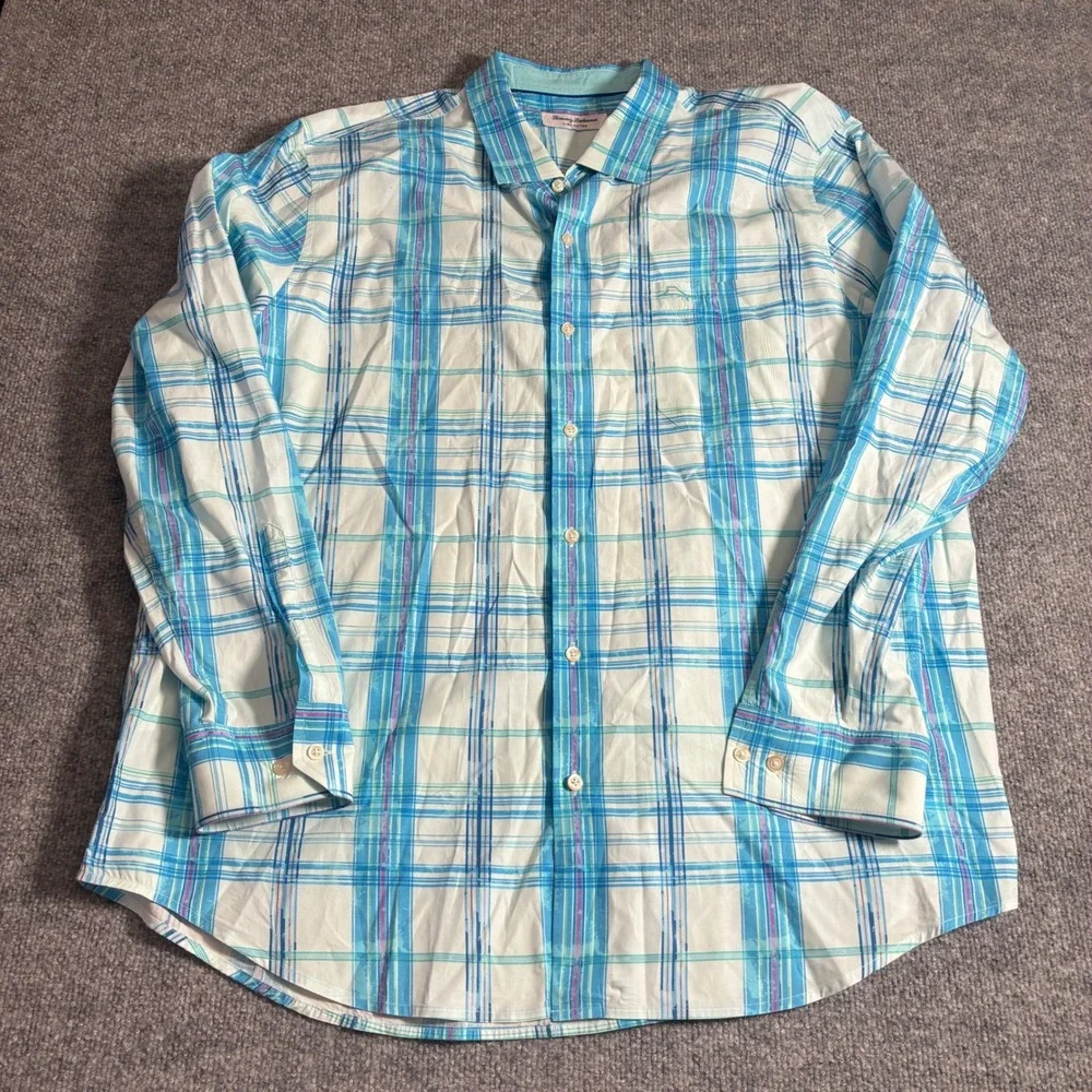 Tommy‎ Bahama Plaid Button Down Mens XXL Turquoise Pima Cotton Excellent Marlin